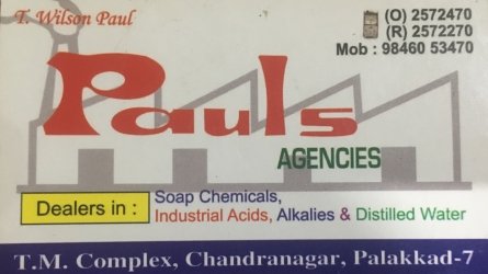 Pauls Agencies - Wholesale and Retail Dealers in Soap Chemicals, Industrial Acids, Alkalies and Distilled Water in Palakkad Town